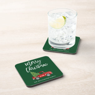 Brush Script Vintage Truck Christmas Tree Green Coaster