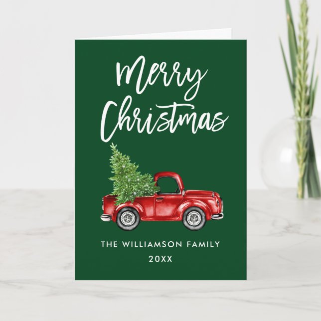Brush Script Vintage Truck Green Christmas Fold Holiday Card (Front)