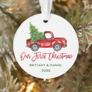 Brush Script Vintage Truck Our First Christmas Ornament