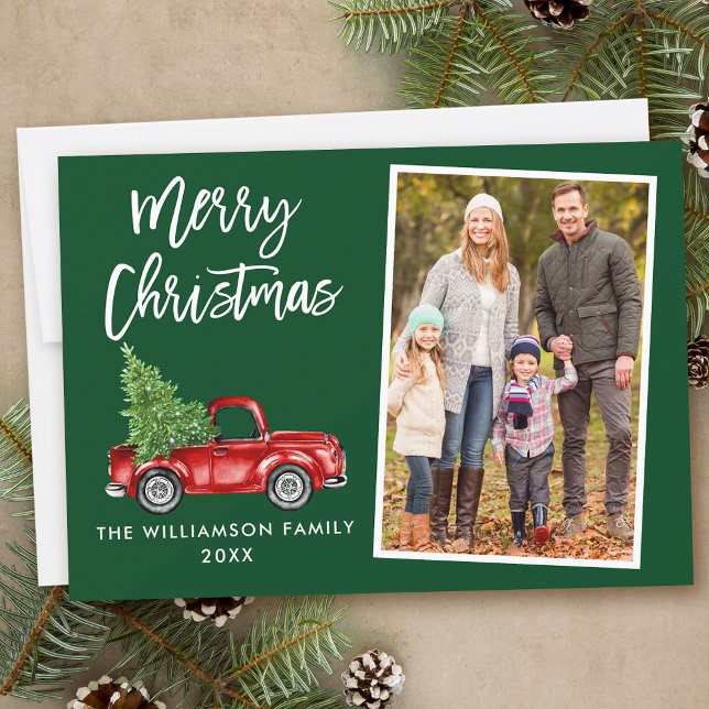 Brush Script Vintage Truck Photo Christmas Green Holiday Card (Customize to add text to back of card.)