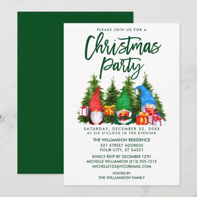 Brush Script Watercolor Gnomes Christmas Party Invitation (Front/Back)