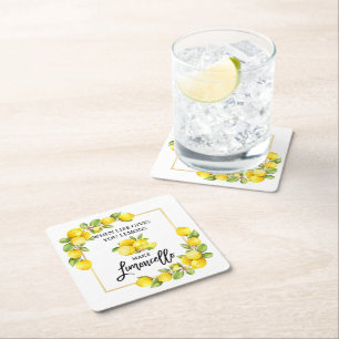 Brush Script Watercolor Lemons Limoncello Square Paper Coaster