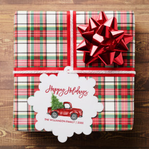 Brush Script Watercolor Red Truck Holiday Tree Decoration Card