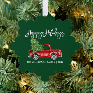 Brush Script Watercolor Truck Green Holiday Tree Decoration Card