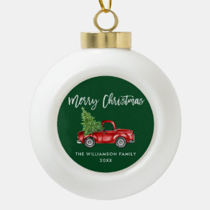 Brush Script Watercolor Vintage Truck Green Ceramic Ball Christmas Ornament