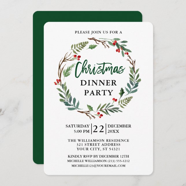 Brush Script Watercolor Wreath Christmas Party Invitation (Front/Back)