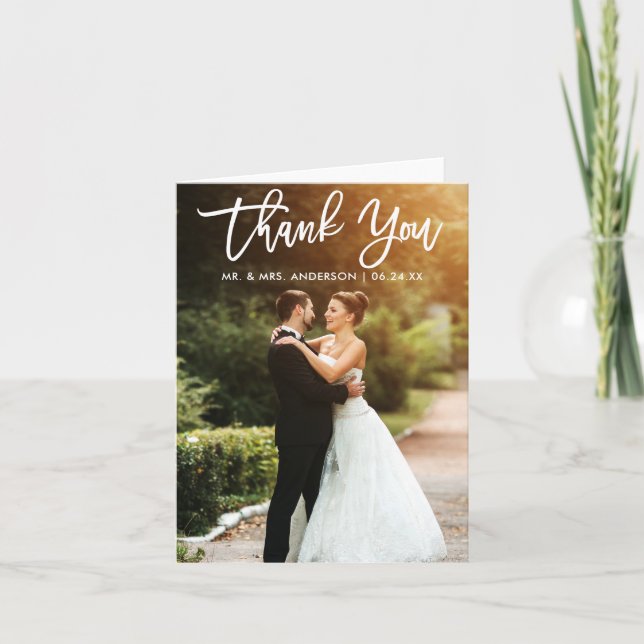 Brush Script Wedding Photo Folded Thank You Note Card (Front)