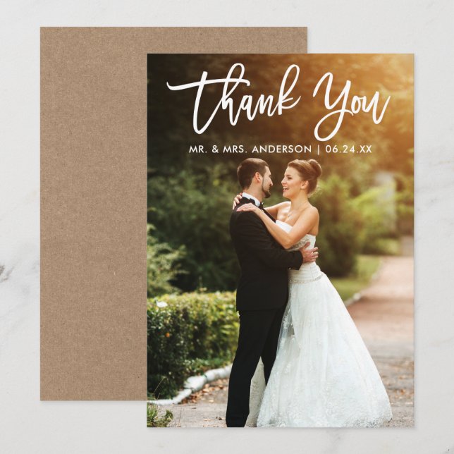 Brush Script Wedding Photo Kraft Thank You Card W (Front/Back)
