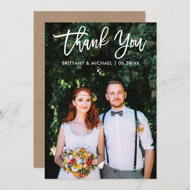 Brush Script Wedding Photo Kraft Thank You Card Wt (Front/Back)