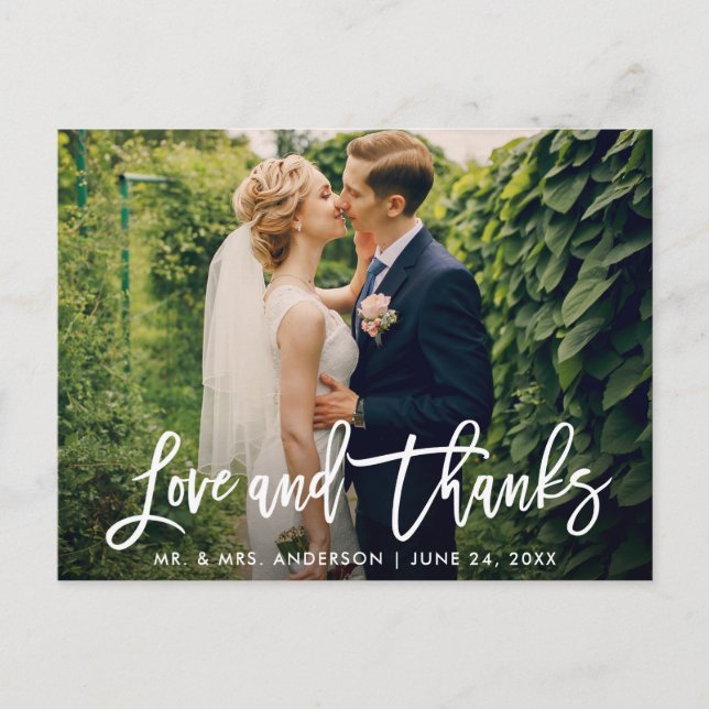 Brush Script Wedding Photo Love and Thanks Modern Postcard (Front)