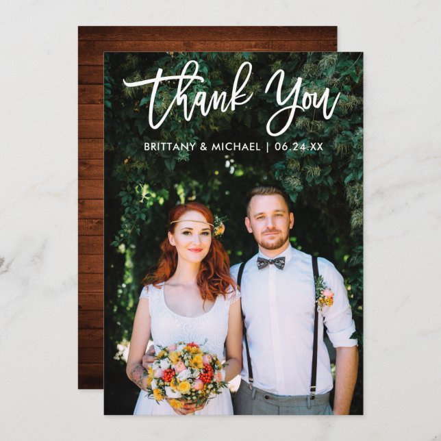 Brush Script Wedding Photo Wood Thank You Card Wt (Front/Back)