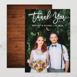 Brush Script Wedding Photo Wood Thank You Card Wt