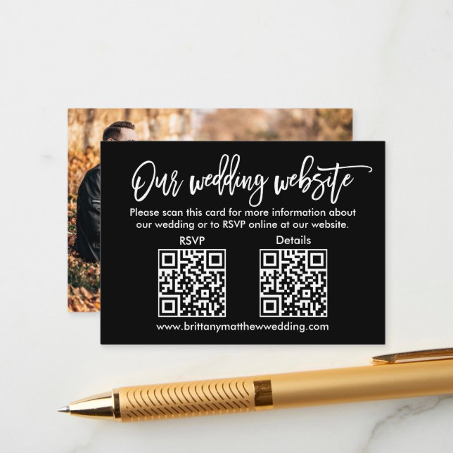 Brush Script Wedding QR RSVP Details Photo Black Enclosure Card (Front/Back In Situ)