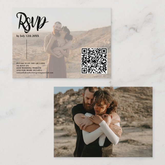 Brush script wedding rsvp Qr code 2 photos Enclosure Card (Front/Back)