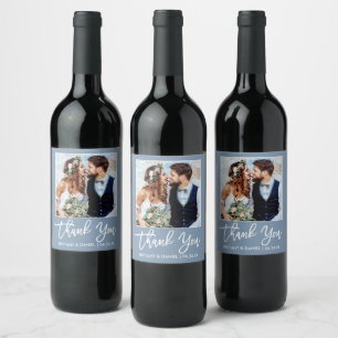 Brush Script Wedding Thank You Dusty Blue Photo Wine Label