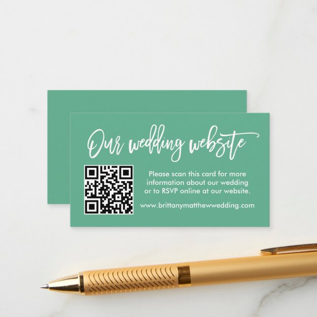 Brush Script Wedding Website QR Neo Mint Green Enclosure Card (Front/Back In Situ)