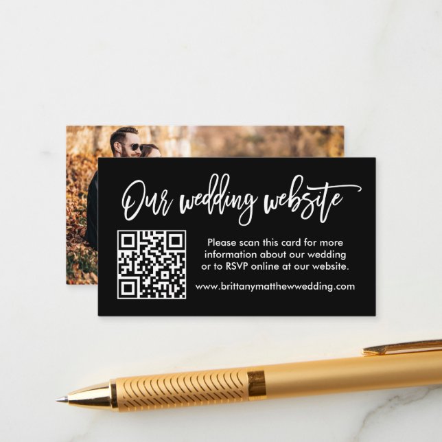 Brush Script Wedding Website QR Photo Black Enclosure Card (Front/Back In Situ)
