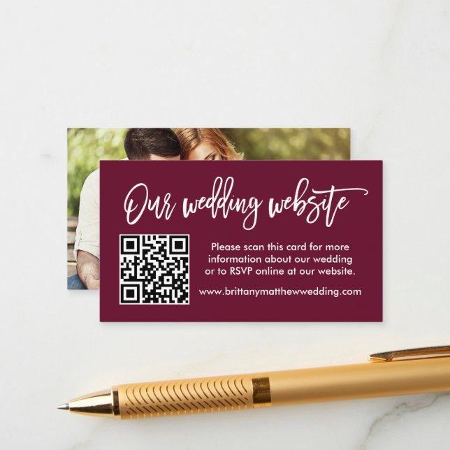 Brush Script Wedding Website QR Photo Burgundy Enclosure Card (Front/Back In Situ)