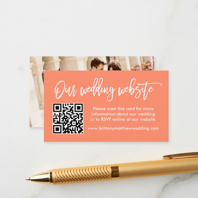 Brush Script Wedding Website QR Photo Coral Enclosure Card (Front/Back In Situ)