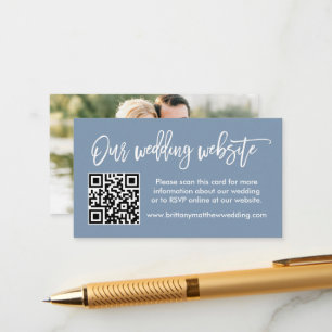 Brush Script Wedding Website QR Photo Dusty Blue Enclosure Card