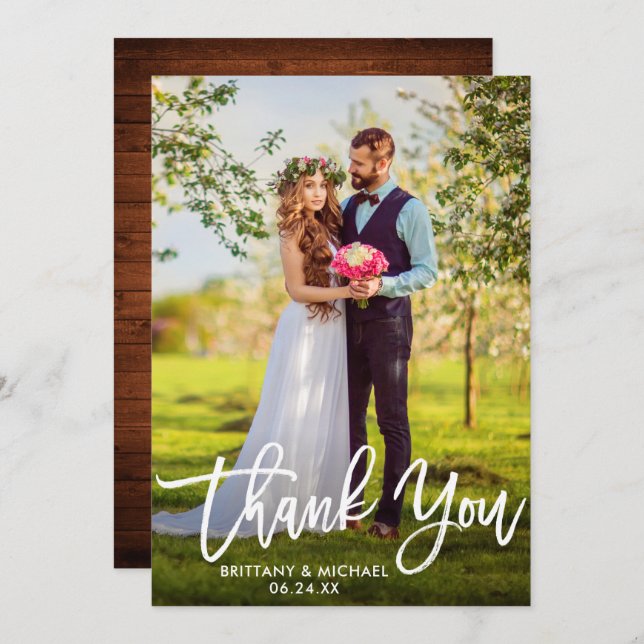 Brush Script Wedding Wood Photo Thank You Card W (Front/Back)
