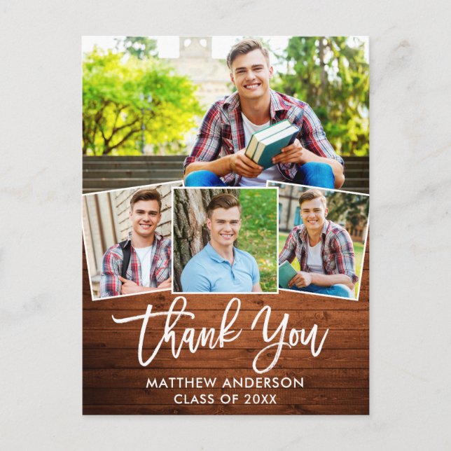 Brush Script Wood 4 Photo Graduation Thank You Postcard (Front)