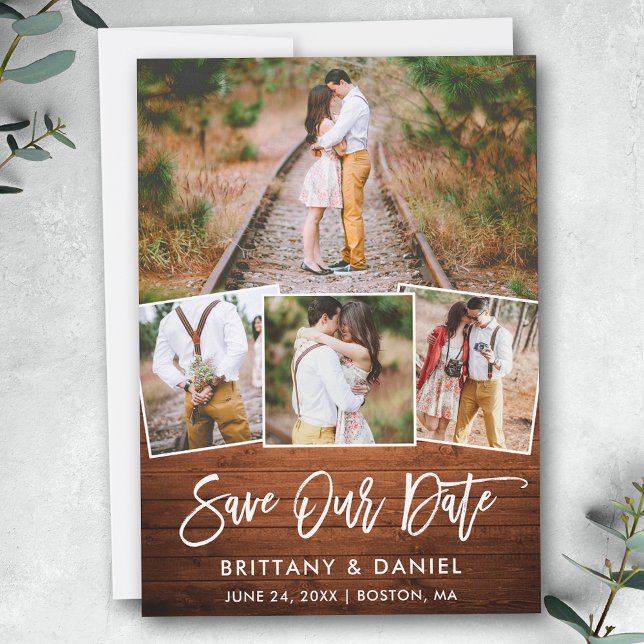 Brush Script Wood 4 Photo Save Our Date Card (Customize to change your personalized text size, style or to add more text & photos to back of card.)