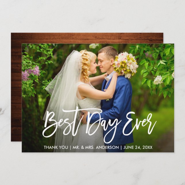Brush Script Wood Best Day Ever Wedding Card (Front/Back)