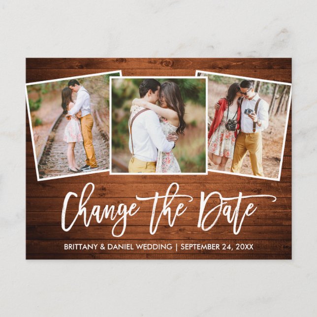 Brush Script Wood Change The Date New Date 3 Photo Postcard (Front)