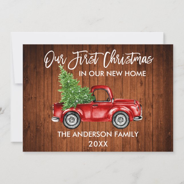 Brush Script Wood First Christmas New Home Truck Holiday Card (Front)