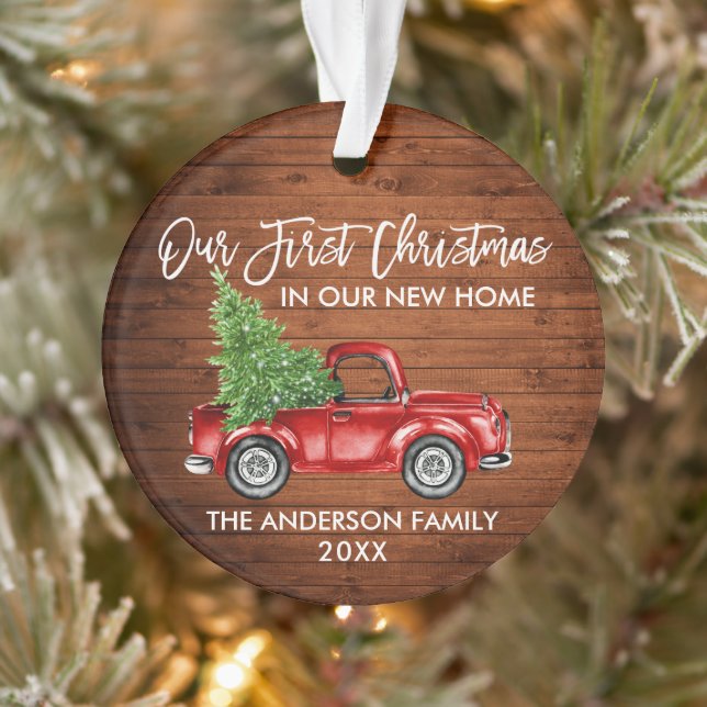 Brush Script Wood First Christmas New Home Truck Ornament (Tree)