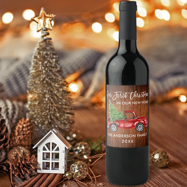 Brush Script Wood First Christmas New Home Truck Wine Label (Customize to change your personalized text size or text style.)