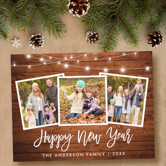 Brush Script Wood Lights 3 Photo Happy New Year Postcard (Customize to change your personalized text size or text style.)