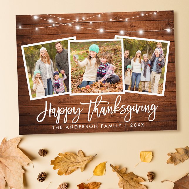 Brush Script Wood Lights 3 Photo Thanksgiving Postcard (Customize to change your personalized text size or text style.)