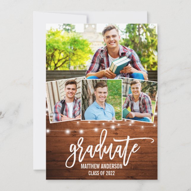 Brush Script Wood Lights 4 Photo Graduation  Announcement (Front)