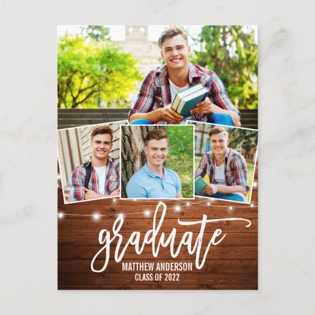Brush Script Wood Lights Graduation Announcement Postcard (Front)