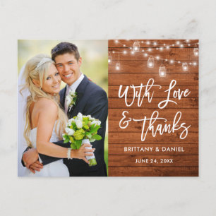 Brush Script Wood Lights Love and Thanks Wedding Postcard