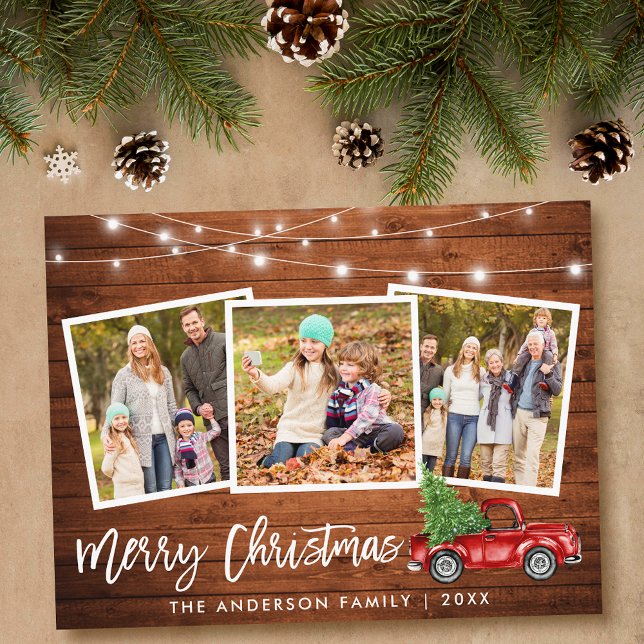 Brush Script Wood Lights Truck 3 Photo Christmas Postcard (Customize to change your personalized text size or text style.)