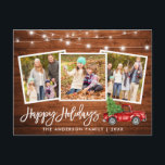 Brush Script Wood Lights Truck 3 Photo Holiday Postcard<br><div class="desc">Rustic Wood Brush Script 3 Photo Family Happy Holidays Card with String Lights - Watercolor Vintage Red Truck with Christmas Tree</div>
