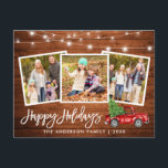 Brush Script Wood Lights Truck 3 Photo Holiday Postcard<br><div class="desc">Rustic Wood Brush Script 3 Photo Family Happy Holidays Card with String Lights - Watercolor Vintage Red Truck with Christmas Tree</div>