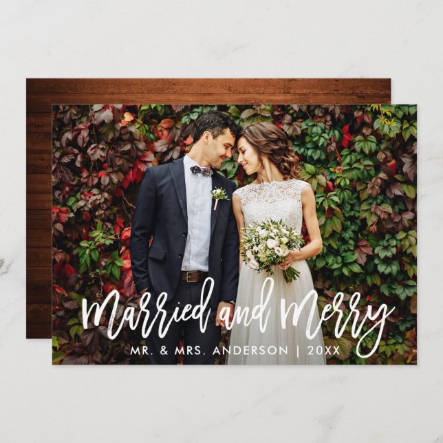 Brush Script Wood Married & Merry Christmas Card (Front/Back)