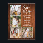 Brush Script Wood Save The Date Couple 4 Photo Postcard<br><div class="desc">Modern Brush Script 4 Photo Couple Engagement Announcement Save The Date Postcard - Rustic Country Wood</div>