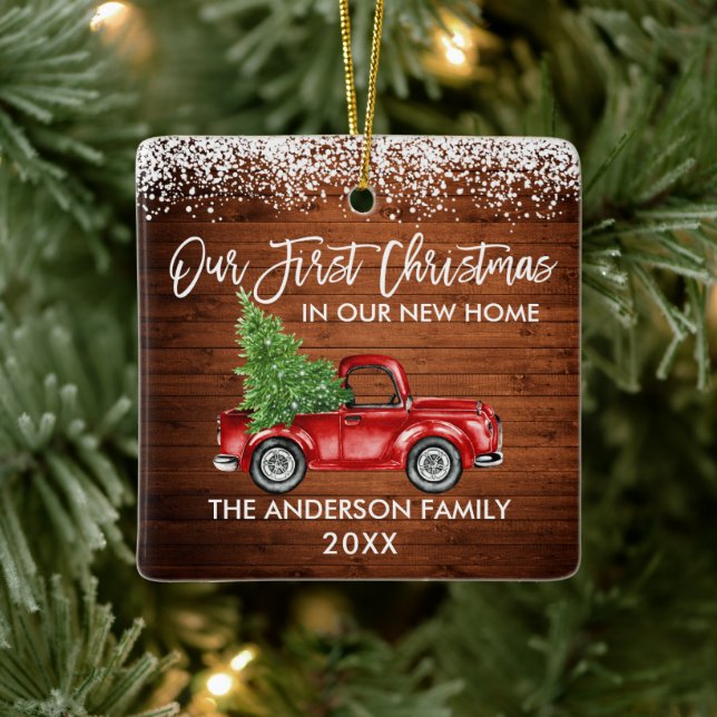 Brush Script Wood Snow 1st Christmas Home Truck Ceramic Ornament (Tree)