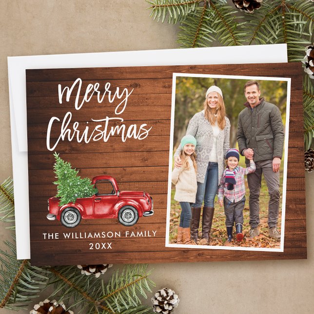 Brush Script Wood Vintage Truck Photo Christmas Holiday Card (Customize to add text to back of card.)