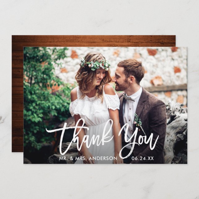 Brush Script Wood Wedding Photo Thank You Card (Front/Back)
