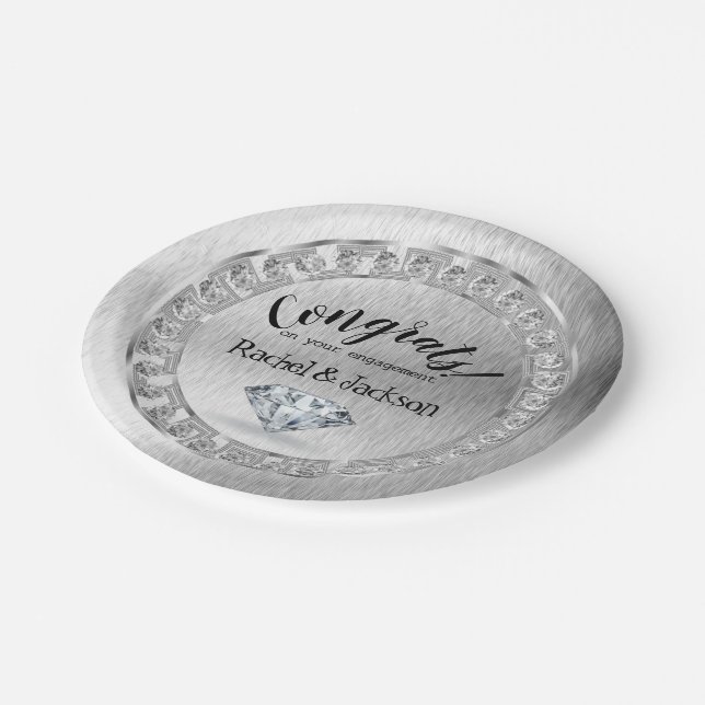 Brush Silver Diamond Engagement Party Paper Plate (Angled)