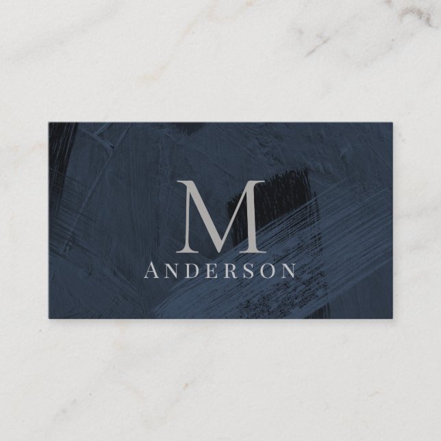 Brush Stroke Blue Masculine Double Monogram Business Card (Front)