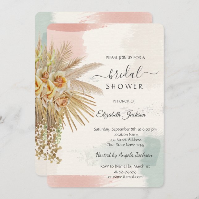 Brush Stroke,Boho Flowers Bridal Shower  Invitation (Front/Back)