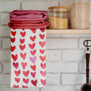 Brush stroke hearts - red and pink tea towel