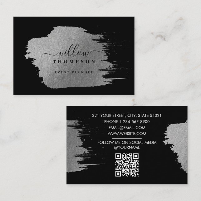 Brush Stroke Metallic Silver Black Event Planner Business Card (Front/Back)